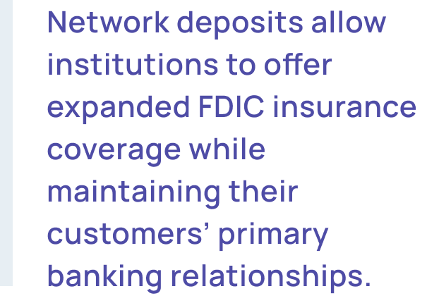 Network deposits allow institutions to offer expanded FDIC insurance coverage while maintaining their customers' primary banking relationships.
